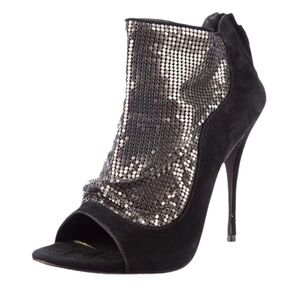 Elizabeth and James Black Suede Silver Metallic Peep Toe Heeled Booties Size 7.5